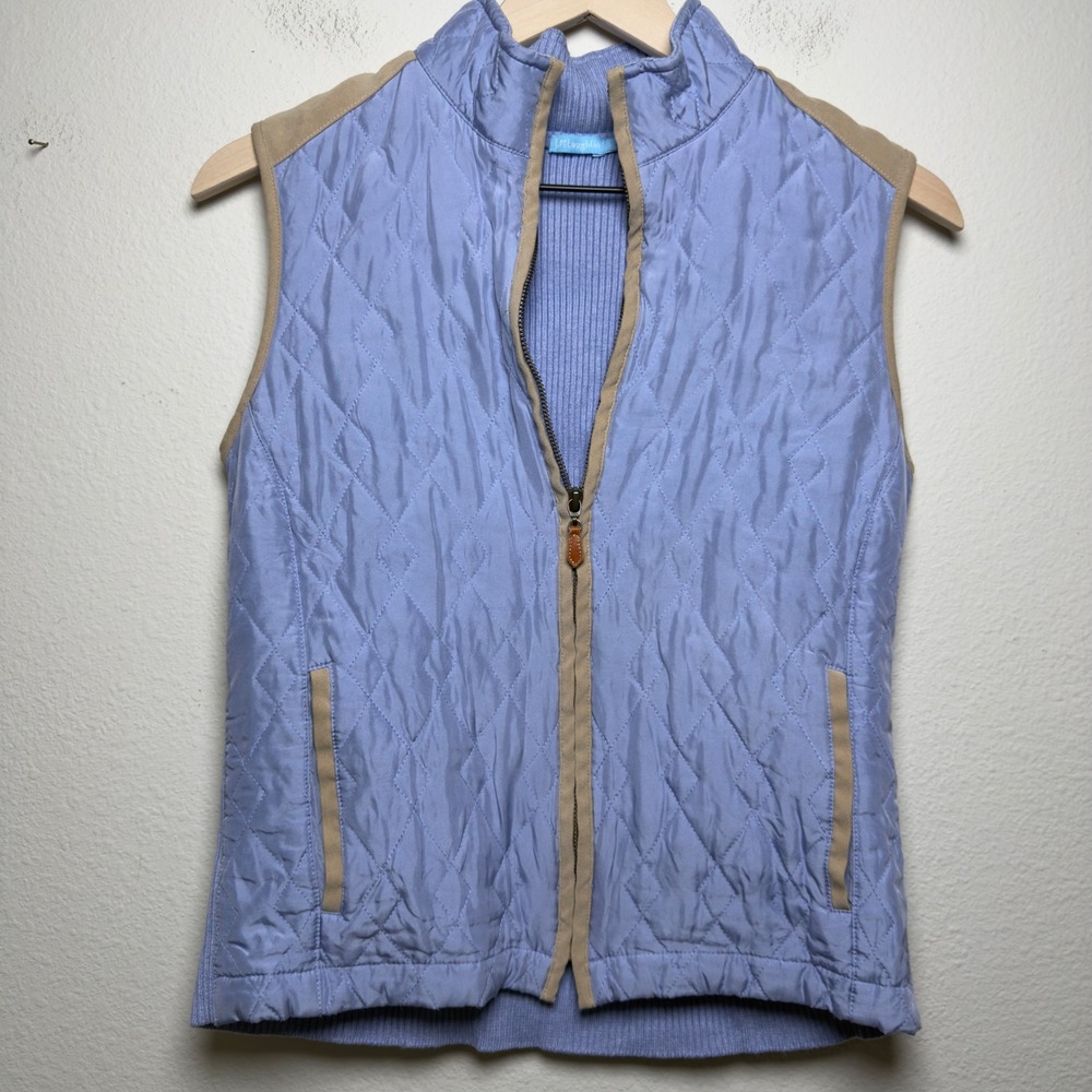 J.McLaughlin Women Silk Quilted Vest Small Blue Tan Suede Trim Full Zip Ribbed